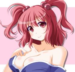 Rule 34 | 1girl, :&gt;, bare shoulders, breasts, cleavage, collarbone, hair bobbles, hair ornament, kinagi yuu, large breasts, lips, lipstick, looking at viewer, makeup, no bra, off shoulder, onozuka komachi, red eyes, red hair, smile, solo, touhou, twintails, two side up