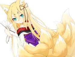 Rule 34 | 1girl, :3, animal ear fluff, animal ears, bare shoulders, blonde hair, blush, closed mouth, commentary request, folding fan, fox ears, fox girl, fox tail, from behind, green eyes, hair between eyes, hair ornament, hand fan, highres, holding, holding fan, japanese clothes, kimono, kitsune, long hair, long sleeves, looking at viewer, looking back, mon-musu quest!, monster girl, multiple tails, obi, oreyutadesu, paper fan, purple sash, redrawn, sash, simple background, slit pupils, smile, solo, tail, tamamo (mon-musu quest!), white background, white kimono
