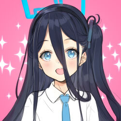 Rule 34 | 1girl, aris (blue archive), black hair, black hairband, blue archive, blue eyes, blue necktie, blush, close-up, collared shirt, commentary request, hair between eyes, hairband, halo, highres, holding, long hair, looking at viewer, necktie, one side up, ooyari ashito, open mouth, pink background, shirt, sketch, smile, solo, sparkle, straight-on, white shirt