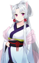 Rule 34 | 1girl, absurdres, animal ear fluff, animal ears, blush, breasts, closed mouth, commentary request, grey hair, hair ornament, hand on own hip, highres, japanese clothes, kimono, kohakope, long hair, long sleeves, looking at viewer, medium breasts, obi, parted bangs, purple eyes, sash, see-through, shawl, simple background, sleeves past wrists, smile, solo, touhoku itako, very long hair, voiceroid, white background, white kimono, wide sleeves