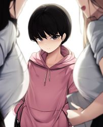 Rule 34 | 1boy, 2girls, age difference, black eyes, black hair, breasts, commentary, ddangbi, evil grin, evil smile, grin, looking at viewer, male focus, multiple girls, original, smile, sweat, sweater