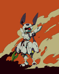 Rule 34 | antennae, arm blade, arms at sides, claw (weapon), commentary request, highres, humanoid robot, looking at viewer, mecha, medarot, no humans, orange background, red eyes, robe, robot, rokusho (medarot), simple background, smoke, solo, standing, ten (prop03), weapon