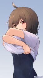 Rule 34 | 1girl, ahoge, blue background, blush, bob cut, brown eyes, brown hair, centi mnkt, clothes pull, cowboy shot, gradient background, grey background, highres, looking at viewer, new school swimsuit, one-piece swimsuit, original, school swimsuit, shirt, short hair, sidelocks, simple background, solo, swimsuit, swimsuit under clothes, twitter username, undressing, wet, wet clothes
