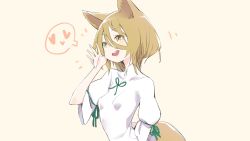 Rule 34 | 1girl, animal ears, blonde hair, bow, breasts, fox ears, fox tail, green bow, hair between eyes, heart, highres, jumpsuit, kawayabug, kudamaki tsukasa, looking to the side, open mouth, puffy short sleeves, puffy sleeves, short hair, short sleeves, simple background, small breasts, smile, solo, tail, touhou, upper body, white jumpsuit, white sleeves, yellow background, yellow eyes