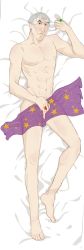 Rule 34 | 1boy, abs, bare arms, bare legs, bare shoulders, barefoot, bed, bed sheet, censored, claude frollo, disney, feet, highres, jewelry, looking at viewer, male focus, non-web source, nude, ring, short hair, silk, the hunchback of notre dame, toes, white background, white hair