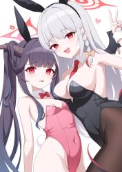 2girls :d alternate_costume animal_ears armpit_crease asymmetrical_docking bare_shoulders between_breasts black_hair blue_archive blunt_bangs blush bow bowtie braid breast_press breasts brown_pantyhose chelly_(glisten_chelly) collarbone commentary covered_navel cowboy_shot curvy d: demon_girl demon_horns demon_tail demon_wings detached_collar fake_animal_ears fake_tail frown fuuka_(blue_archive) grey_hair groin hair_between_eyes hair_bow hair_on_horn halo hand_up happy haruna_(blue_archive) highleg highleg_leotard highres horns large_breasts leotard long_hair looking_at_viewer multiple_girls necktie necktie_between_breasts open_mouth orange_bow pantyhose playboy_bunny rabbit_ears rabbit_tail red_bow red_bowtie red_eyes red_halo red_necktie sidelocks simple_background single_braid small_breasts smile straight_hair strapless strapless_leotard sweat sweatdrop tail v very_long_hair white_background white_wrist_cuffs wings wrist_cuffs