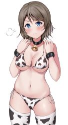 Rule 34 | :&lt;, animal print, annoyed, bell, bikini, blue eyes, blush, bracelet, breasts, choker, collarbone, cow print, cowboy shot, frown, halterneck, hands on own shoulders, highres, jewelry, light brown hair, looking at viewer, love live!, love live! sunshine!!, medium breasts, navel, neck bell, reminiscence202, short hair, side-tie bikini bottom, simple background, skindentation, solo, sweatdrop, swimsuit, thighhighs, v-shaped eyebrows, watanabe you, white background