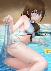 Rule 34 | 1girl, :o, ass, beach, bikini, blue bikini, blue eyes, blue sarong, blush, bracelet, brown hair, clothes lift, commentary request, embarrassed, hair ornament, hair over shoulder, hair scrunchie, jewelry, long hair, looking at viewer, love live!, love live! nijigasaki high school idol club, lying, on side, osaka shizuku, parted lips, sarong, sarong lift, satolive20, scrunchie, see-through sarong, solo, swimsuit, trefoil, white scrunchie
