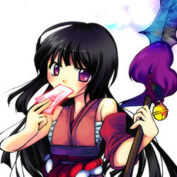 Rule 34 | 1girl, black hair, detached sleeves, long hair, ofuda, polearm, purple eyes, shizuki mizuha, solo, spear, weapon