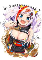 Rule 34 | 1girl, :d, bare shoulders, blue eyes, blush, breasts, chopsticks, cleavage, cup ramen, dress, food, hair ornament, highres, instant soba, kaguya luna, kirikirimai (kkm), looking at viewer, nail polish, noodles, open mouth, purple hair, red nails, red thighhighs, sash, simple background, smile, solo, teeth, the moon studio, thighhighs, twintails, virtual youtuber, white background, yakisoba