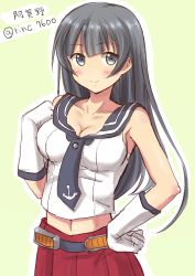 Rule 34 | 10s, 1girl, agano (kancolle), bare shoulders, black hair, blush, breasts, character name, cleavage, elbow gloves, gloves, grey eyes, hand on own hip, ichikawa feesu, kantai collection, long hair, navel, smile, solo, white gloves