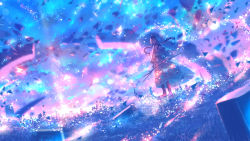 Rule 34 | 1girl, ahoge, blurry, bokeh, boots, braid, capelet, closed mouth, commentary request, depth of field, dress, floating rock, full body, grass, highres, holding, holding staff, lens flare, long dress, looking at viewer, night, night sky, original, sakimori (hououbds), scenery, sky, solo, staff, standing, twin braids