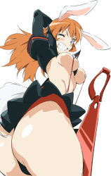 Rule 34 | 1girl, animal ears, ass, blue eyes, breasts, charlotte e. yeager, cosplay, crossover, from behind, grin, kill la kill, koshimizu ami, large breasts, long hair, looking back, matoi ryuuko, matoi ryuuko (cosplay), one eye closed, orange hair, rabbit ears, rabbit girl, revealing clothes, school uniform, scissor blade (kill la kill), senketsu, simple background, skirt, smile, strike witches, suspenders, sword, thong, umanosuke, underboob, voice actor connection, weapon, white background, wink, world witches series