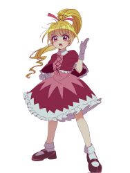 Rule 34 | 1girl, biscuit krueger, blonde hair, brown eyes, capelet, chikasarang, collar, cross-laced clothes, cross-laced top, dress, drill hair, drill ponytail, frilled collar, frills, full body, gloves, hair ribbon, highres, hunter x hunter, long hair, looking at viewer, mary janes, ponytail, red capelet, red dress, ribbon, shoes, simple background, solo, white background, white gloves