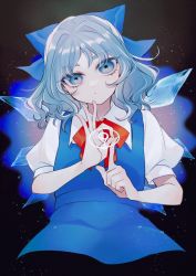 Rule 34 | 1girl, black background, blue background, blue bow, blue dress, blue eyes, blue hair, bow, bowtie, circled 9, cirno, closed mouth, collar, collared shirt, dress, eyes visible through hair, gradient background, hands up, highres, ice, ice wings, katai (nekoneko0720), looking at viewer, multicolored background, pink background, puffy short sleeves, puffy sleeves, red bow, red bowtie, shirt, short hair, short sleeves, solo, touhou, wavy hair, white shirt, wings