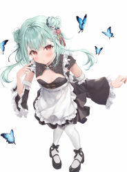 Rule 34 | 1girl, alternate costume, apron, black footwear, black sleeves, blush, bug, butterfly, detached sleeves, double bun, enmaided, frilled apron, frilled sleeves, frills, green hair, hair bun, hair ornament, hair ribbon, highres, hololive, insect, looking at viewer, maid, mary janes, medium hair, mikanagi yuri, pantyhose, parted lips, qi maid, red eyes, ribbon, shoes, sidelocks, simple background, skull hair ornament, solo, uruha rushia, virtual youtuber, waist apron, white apron, white pantyhose, wide sleeves