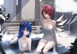 Rule 34 | 2girls, arknights, blue eyes, blue hair, breasts, cleavage, collarbone, commentary request, commission, day, detached wings, exusiai (arknights), fence, hair over one eye, halo, highres, horns, medium breasts, mostima (arknights), multiple girls, naked towel, nekoya (liu), onsen, outdoors, parted lips, partially submerged, red eyes, red hair, sitting, smile, tail, towel, water, wings