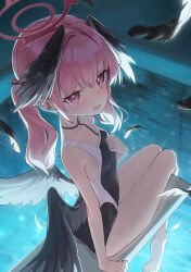 Rule 34 | 1girl, bada (jksh5056), black wings, blue archive, blush, falling feathers, feathered wings, feathers, flat chest, halo, head wings, highres, koharu (blue archive), long hair, looking at viewer, low wings, one-piece swimsuit, open mouth, pink eyes, pink hair, red halo, sitting, solo, swimsuit, tears, thighs, twintails, water, wings