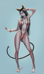 Rule 34 | 1girl, absurdres, animal ears, animal print, artist name, bare shoulders, barefoot, black hair, breasts, breasts apart, closed mouth, collarbone, demon tail, eyelashes, female focus, fingernails, full body, gluteal fold, grabbing, gradient background, grey eyes, hand to head, highres, large breasts, legs apart, leopard ears, leopard print, long fingernails, long hair, looking at viewer, navel, original, slingshot swimsuit, smile, solo, sonacia, standing, stomach, swimsuit, tail, very long hair, wrist cuffs