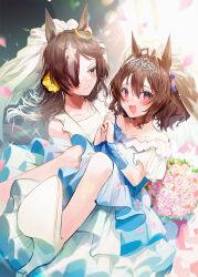 Rule 34 | 2girls, :d, animal ears, antenna hair, bare shoulders, blue dress, blurry, blurry background, blush, brown eyes, brown hair, carrying, collarbone, commentary request, daiwa scarlet (something blue) (umamusume), daiwa scarlet (umamusume), depth of field, dress, flower, grey hair, hair between eyes, hair over one eye, high heels, highres, horse ears, long hair, looking at viewer, multicolored hair, multiple girls, negimapurinn, off-shoulder dress, off shoulder, official alternate costume, open mouth, petals, pink flower, pink rose, ponytail, princess carry, red eyes, rose, shoe soles, shoes, smile, two-tone hair, umamusume, vodka (heart ignition!!) (umamusume), vodka (umamusume), wedding dress, white dress, white flower, white footwear, white hair