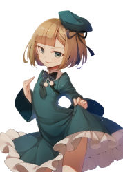 Rule 34 | 1girl, black bow, black bowtie, black ribbon, blonde hair, blunt bangs, bow, bowtie, child, clothes lift, cowboy shot, dress, dress lift, fate (series), frilled dress, frills, green dress, green headwear, hair ribbon, hand up, highres, long sleeves, looking at viewer, lord el-melloi ii case files, parted lips, reines el-melloi archisorte, ribbon, sakura (superbunnys), short hair, simple background, smile, smug, solo, white background, wide sleeves
