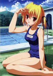 Rule 34 | 1girl, :o, absurdres, barefoot, blonde hair, blush, chain-link fence, cloud, clover point, fence, highres, hill, name tag, one-piece swimsuit, open mouth, outdoors, pool, pool ladder, poolside, red eyes, school swimsuit, shading eyes, short hair, short twintails, sitting, sky, solo, swimsuit, takanashi yaya, tree, twintails, wariza, water, wet, yuyi