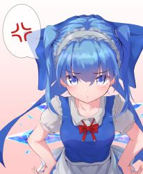 Rule 34 | 1girl, alternate costume, alternate hairstyle, anger vein, apron, blue bow, blue dress, blue eyes, blue hair, blush, bow, bowtie, breasts, cirno, collarbone, commentary request, dress, enmaided, gradient background, hair between eyes, hair bow, hands on own hips, highres, imoutochiru, leaning forward, long hair, looking at viewer, maid, maid apron, maid headdress, pinafore dress, pink background, puffy short sleeves, puffy sleeves, red bow, red bowtie, shirt, short sleeves, sleeveless dress, small breasts, solo, spoken anger vein, touhou, twintails, upper body, waist apron, white apron, white shirt