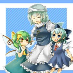 Rule 34 | 3girls, apron, bad id, bad pixiv id, blue eyes, blue hair, blush, bow, breasts, child, cirno, daiyousei, dress, closed eyes, green hair, hair bow, hair ribbon, haru (haru3141), hat, ice, ice wings, letty whiterock, long hair, medium breasts, multiple girls, open mouth, ribbon, scarf, short hair, side ponytail, skirt, small breasts, smile, touhou, wings, yellow eyes