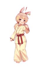 Rule 34 | !, 1girl, animal ears, barefoot, belt, brown eyes, brown hair, chinese commentary, commentary request, dougi, full body, highres, kuma-bound, long hair, low twintails, martial arts belt, open mouth, original, pants, red belt, simple background, solo, standing, toes, twintails, white background, white pants
