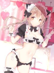 Rule 34 | 1girl, absurdres, animal ears, badge, bikini, black thighhighs, bow, bowtie, breasts, brown eyes, button badge, cat ears, cleavage, contrapposto, cowboy shot, detached collar, frilled thighhighs, frills, glint, gloves, gluteal fold, hair bow, heart, highres, kabako (lilypicture410v), light brown hair, long hair, maid, maid bikini, maid headdress, midriff, navel, original, puffy short sleeves, puffy sleeves, short sleeves, single thighhigh, smile, solo, standing, swimsuit, thighhighs, tray, unconventional maid, white gloves, wrist cuffs