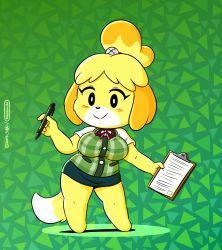 Rule 34 | 1girl, animal crossing, animal ears, artist name, barefoot, bell, black eyes, blonde hair, blue skirt, blush, breasts, clipboard, closed mouth, dated, dog ears, dog girl, dog tail, female focus, full body, furry, furry female, green background, green vest, hair bell, hair ornament, hair tie, hand up, happy, highres, holding, isabelle (animal crossing), jingle bell, joao pereira, large breasts, looking at viewer, miniskirt, neck ribbon, nintendo, pen, pencil skirt, plaid, plaid vest, red ribbon, ribbon, shirt, short hair, short sleeves, signature, simple background, skirt, smile, solo, standing, tail, topknot, vest, white shirt