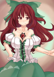 Rule 34 | 1girl, absurdres, alternate costume, bare shoulders, bow, breasts, brown hair, cleavage, hair bow, hand on own hip, highres, large breasts, long hair, luonawei, red eyes, reiuji utsuho, skirt, smile, solo, third eye, touhou