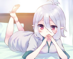 Rule 34 | 1girl, barefoot, bed, blush, closed mouth, commentary request, dress, eyebrows hidden by hair, grey dress, gucchiann, hair between eyes, hands up, indoors, kokkoro (princess connect!), legs up, looking at viewer, lying, on bed, on stomach, pillow, pointy ears, princess connect!, red eyes, short sleeves, silver hair, sleepwear, smile, soles, solo, the pose