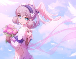 Rule 34 | 1girl, blue eyes, braid, breasts, crown braid, curly hair, dress, enni, gloves, head wings, highres, juliet sleeves, long hair, long sleeves, looking at viewer, magic, medium breasts, melia antiqua, o-ring, puffy sleeves, short dress, silver hair, simple background, smile, solo, staff, thighhighs, upper body, wings, xenoblade chronicles: future connected, xenoblade chronicles (series), xenoblade chronicles 1
