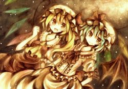 Rule 34 | 2girls, bad id, bad pixiv id, blonde hair, blue hair, clenched hand, dutch angle, female focus, flandre scarlet, hat, hat ribbon, marker (medium), multiple girls, namakuby, no nose, red eyes, remilia scarlet, ribbon, sepia, short hair, siblings, sisters, touhou, traditional media, wings