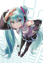 Rule 34 | 1girl, absurdres, aqua eyes, aqua hair, aqua nails, aqua necktie, bare shoulders, black skirt, black sleeves, black thighhighs, boots, commentary request, detached sleeves, floating, foreshortening, full body, grey shirt, hair ornament, hand on own hip, hatsune miku, headphones, headset, highres, ishiyuki, leaning forward, light frown, long hair, looking at viewer, miniskirt, nail polish, necktie, pleated skirt, revision, shading eyes, shirt, shoulder tattoo, skirt, sleeveless, sleeveless shirt, solo, tattoo, thigh boots, thighhighs, twintails, v-shaped eyebrows, very long hair, vocaloid, zettai ryouiki