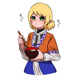 Rule 34 | 1girl, blonde hair, blush, bowl, chopsticks, green eyes, green nails, highres, holding, holding bowl, holding chopsticks, long sleeves, mg mg, mizuhashi parsee, parsee day, pointy ears, scarf, short hair, simple background, solo, touhou, translated, upper body, white background, white scarf, yokozuna iwashi