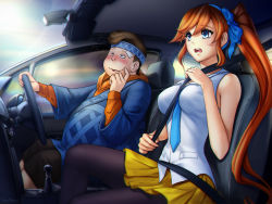 Rule 34 | 1boy, 1girl, ace attorney, athena cykes, bad id, bad pixiv id, bandage on face, bandages, bare shoulders, between breasts, black pantyhose, blue eyes, blue headband, blush, breasts, brown hair, bucky whet, car, car interior, commission, drunk, finger to cheek, gigamessy, headband, high ponytail, long hair, medium breasts, motor vehicle, necktie, necktie between breasts, nervous, orange hair, pantyhose, pleated skirt, ponytail, scared, seatbelt, shorts, sitting, skirt, sleeveless, steering wheel, very long hair, yellow skirt
