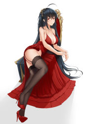 Rule 34 | 1girl, ahoge, azur lane, bare shoulders, black hair, black thighhighs, blush, breasts, cleavage, collarbone, dress, full body, garter straps, hair between eyes, hair ornament, high heels, highres, large breasts, long dress, long hair, looking at viewer, lying, no panties, official alternate costume, on side, parted lips, pumps, red dress, red eyes, red footwear, shiro haoto, shoes, smile, solo, stiletto heels, taihou (azur lane), taihou (forbidden feast) (azur lane), thighhighs, throne, two side up, very long hair, white background