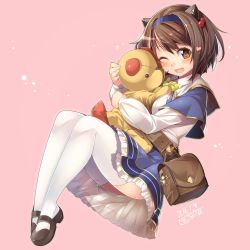 Rule 34 | 10s, 1girl, bag, blush, brown eyes, brown hair, capelet, dated, draph, dress, full body, granblue fantasy, hairband, heart, highres, horns, kokka han, looking at viewer, mary janes, one eye closed, open mouth, pink background, shoes, short hair, simple background, solo, stuffed animal, stuffed toy, teddy bear, thighhighs, white thighhighs, yaia (granblue fantasy)
