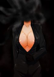 Rule 34 | 1girl, areola slip, black bodysuit, bodysuit, breasts, celty sturluson, center opening, cleavage, covered erect nipples, dark, durarara!!, gloves, headless, large breasts, no bra, solo, soujun