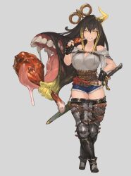 Rule 34 | 1girl, armored boots, black hair, boots, breasts, cleavage, corset, cutoffs, denim, denim shorts, eating, extra arms, extra mouth, fingerless gloves, food, full body, gloves, grey background, highres, holding, holding food, horns, large breasts, liquid hair, living hair, meat, n9+, off-shoulder shirt, off shoulder, original, sheath, sheathed, shirt, short shorts, shorts, simple background, single horn, solo, strap, sword, teeth, thighs, tongue, weapon, winding key, yellow eyes