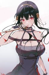 Rule 34 | 1girl, absurdres, bare shoulders, black dress, black gloves, black hair, blood, blood on clothes, blood on face, bloody weapon, breasts, cleavage, closed mouth, dagger, dress, fingerless gloves, floating hair, flower, gloves, gold hairband, hair flower, hair ornament, hairband, hand up, highres, holding, holding dagger, holding knife, holding weapon, knife, large breasts, nail polish, off-shoulder dress, off shoulder, red eyes, red nails, reverse grip, rose, sidelocks, solo, spikes, spy x family, weapon, yor briar, yutou (yutou75)