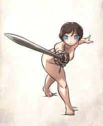 Rule 34 | 1girl, blue eyes, brown hair, completely nude, convenient censoring, highres, holding, holding sword, holding weapon, ironlily, nude, original, rapier, solo, sword, thighs, weapon, weapons instructor (ironlily)
