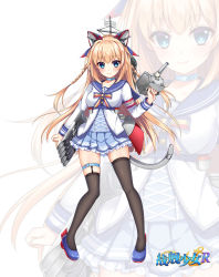 Rule 34 | 1girl, anchor symbol, animal ears, armband, asymmetrical legwear, black thighhighs, blonde hair, blue eyes, blue footwear, blue skirt, blush, bow, braid, breasts, buttons, cannon, choker, closed mouth, copyright name, corset, dyson (warship girls r), fake animal ears, frilled skirt, frills, full body, hasu (velicia), highres, holding, holding weapon, legs apart, long hair, looking at viewer, machinery, miniskirt, official art, pigeon-toed, pleated skirt, ribbon, rudder footwear, sailor collar, shoes, skindentation, skirt, smile, solo, standing, tail, thigh strap, thighhighs, torpedo, turret, twin braids, uneven legwear, vest, warship girls r, weapon, white vest, zettai ryouiki, zoom layer