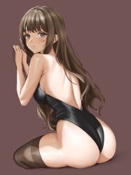 Rule 34 | 1girl, absurdres, ass, backless leotard, bare shoulders, black leotard, black one-piece swimsuit, blush, breasts, brown background, brown eyes, brown hair, brown thighhighs, closed mouth, commentary, cowboy shot, from behind, hand on wall, highres, leotard, long hair, looking at viewer, medium breasts, one-piece swimsuit, original, see-through, see-through thighhighs, sideboob, sidelocks, simple background, sitting, skin tight, solo, strapless, strapless leotard, strapless one-piece swimsuit, swimsuit, terebravisse, thighhighs