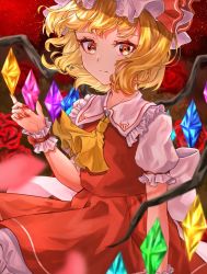 Rule 34 | 1girl, artist name, ascot, back bow, blonde hair, blurry, blurry background, bow, closed mouth, collared shirt, commentary request, crystal, dress, fingernails, flandre scarlet, flower, frills, grey bow, grey hat, grey shirt, hand up, hat, hat ribbon, highres, jewelry, leaf, long fingernails, looking at viewer, mob cap, multicolored wings, nail polish, night, night sky, one side up, petals, puffy short sleeves, puffy sleeves, red dress, red eyes, red flower, red nails, red ribbon, red rose, red sky, ribbon, rose, shirt, short hair, short sleeves, sky, solo, standing, star (sky), starry sky, touhou, utadori 5108, wings, wrist cuffs, yellow ascot