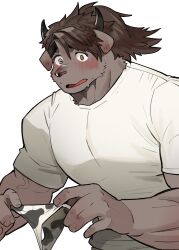 Rule 34 | 1boy, absurdres, animal ears, animal print, bara, blush, catoblepas (housamo), commentary request, cow boy, cow ears, cow horns, cow print, embarrassed, furry, furry male, green eyes, heterochromia, highres, holding, holding clothes, holding underwear, horns, korean commentary, looking at viewer, male focus, shirt, sweatdrop, syukapong, thick eyebrows, tokyo houkago summoners, underwear, veins, veiny arms, white background, white shirt