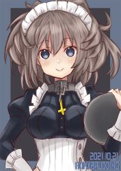 Rule 34 | 1girl, artist request, azur lane, blue eyes, brown hair, chain, commentary request, cosplay, dated, highres, historical name connection, holding, holding tray, kantai collection, long sleeves, maid headdress, messy hair, name connection, sheffield (azur lane), sheffield (azur lane) (cosplay), sheffield (kancolle), smile, tray, upper body