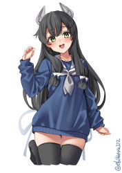 Rule 34 | 1girl, alternate costume, back bow, black hair, black thighhighs, blush, bow, clenched hand, collarbone, cowboy shot, cropped legs, dress, ebifurya, green eyes, headgear, highres, i-47 (kancolle), kantai collection, long hair, long sleeves, looking at viewer, neckerchief, one-hour drawing challenge, open mouth, sailor collar, smile, solo, sweater, sweater dress, thighhighs, twitter username, very long hair, white background, white neckerchief